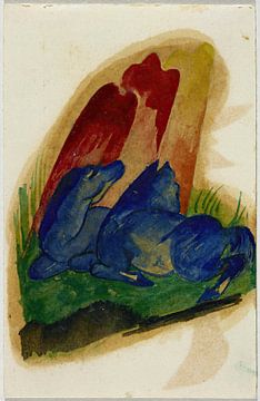 Twee blauwe paarden voor een rode rots (1913) van Franz Marc van Peter Balan