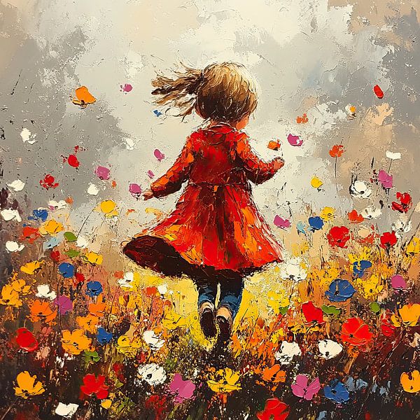 Fille dansant dans un champ de fleurs par Peinture Abstraite