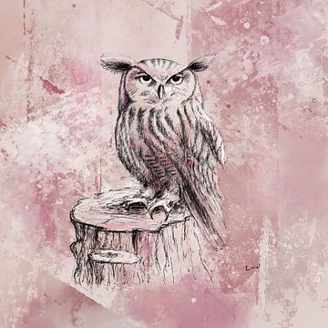 Pentekening uil ingekleurd in oud roze tinten van Emiel de Lange