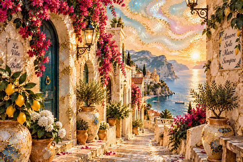 Mediterranean alleyway with lemon trees & and bougainvillea | The Amalfi Coast in a golden mosaic style | Landscape-format poster
