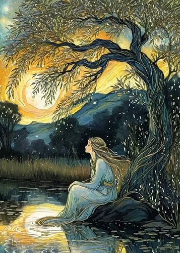 Femme au bord du lac sous un arbre sur MIROKKU