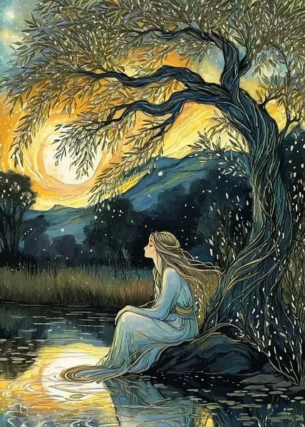 Woman by the Lake Under Tree by MIROKKU