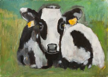 cow/calf lying in grass by Marjolein Bresser