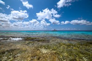 Bateau de plongée à l'horizon, flottant sur les eaux cristallines de Bonaire