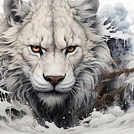 Zeichnung eines weißen Löwen von Gelissen Artworks