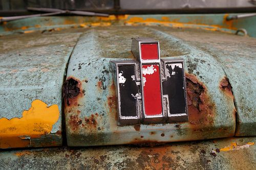 old american International Loadstar schoolbus in green yellow and a lot of rust.