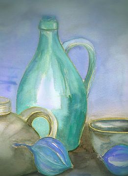 earthenware jugs blue green - Stillebeb by Claudia Gründler