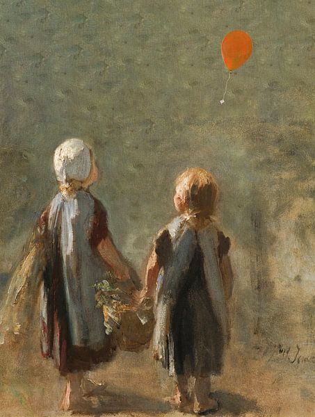 Twee kleine meisjes dragen een mand - ballon van Digital Art Studio
