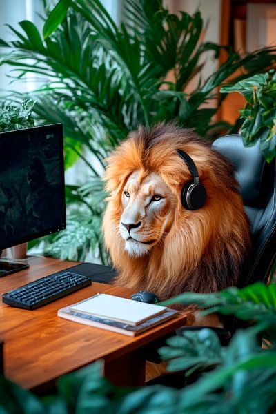 The playing lion in the home office by Poster Art Shop