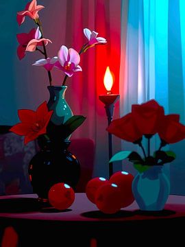 Stilleven met bloemen en fruit van A.D. Digital ART