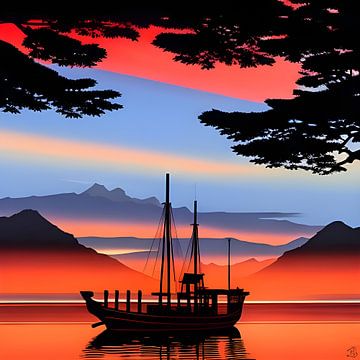 Rood morgenlicht bij schepen van Harmanna Digital Art