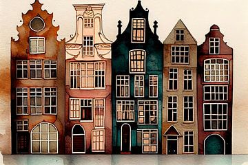Maisons du canal d'Amsterdam à l'aquarelle sur Maarten Knops