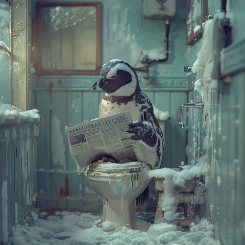 Pinguïn met krant op toilet - Grappige Badkamer Poster