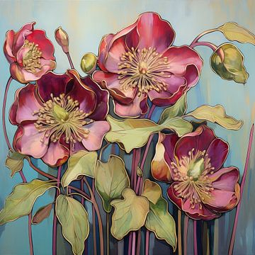 Dramatische Helleborus-Blüten | Florale Wandkunst von Abstraktes Gemälde