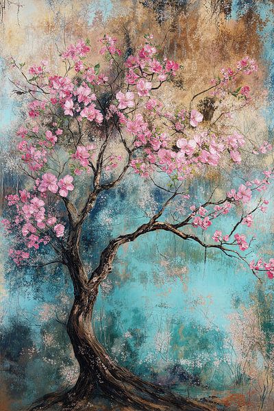Blossom tree on turquoise background by Imperial Art House