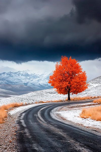Autumn tree on a winding road by Poster Art Shop