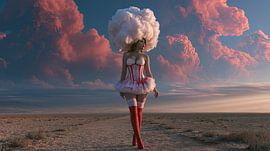 Cloudy sky, Retro-Surrealism: woman in a landscape