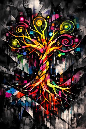 Titel: Levensboom van de moderne tijd – Abstracte muurschildering met neonkleurige spiralen en stedelijke dynamiek