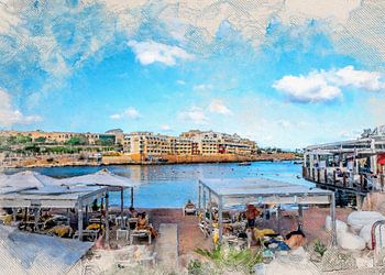 Malta St. Julians stad aquarel schilderij #malta