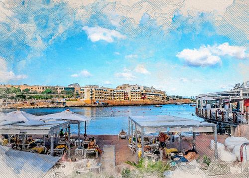 Malta St. Julians stad aquarel schilderij #malta