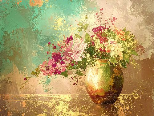 Sereen Japandi Stilleven van bloemen in gouden vaas