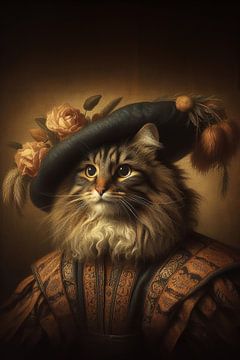 Portrait Renaissance chat à poil long sur Ellen Van Loon