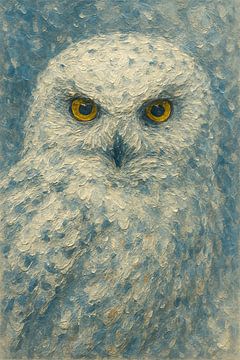 Sneeuwuil in winterlandschap (ijsblauw wit koel schilderij dikke verf realistisch kop poolgebied) van Natalie Bruns
