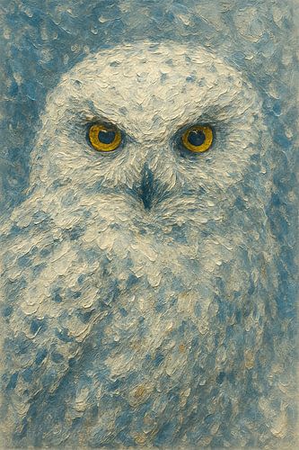 Sneeuwuil in winterlandschap (ijsblauw wit koel schilderij dikke verf realistisch kop poolgebied)