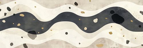 Beige met zwart abstracte kunst vormen en spikkels als panorama