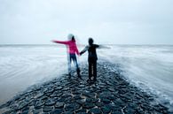 Zwei Kinder Hand in Hand auf Wellenbrecher im Meer von Remke Spijkers Miniaturansicht