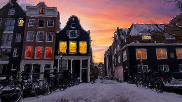 Schilderij zonsondergang in besneeuwd Amsterdam van Eye on You
