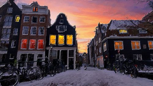 Schilderij zonsondergang in besneeuwd Amsterdam