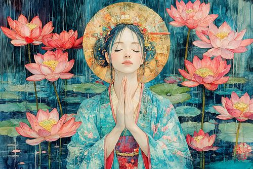 peinture japonaise priant une Geisha avec des fleurs de lotus