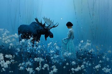 Woman and elk in the quiet morning forest by NJ Midnight Studio