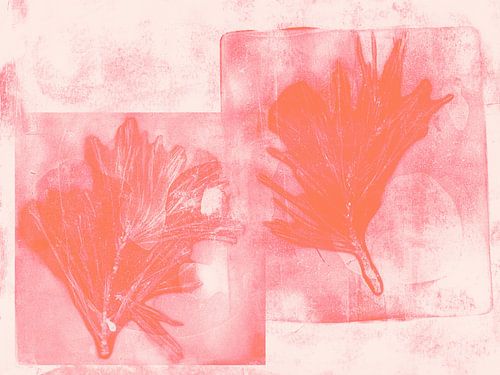 Minimalistische, abstracte botanische kunst in roze en oranje. Dennenboom