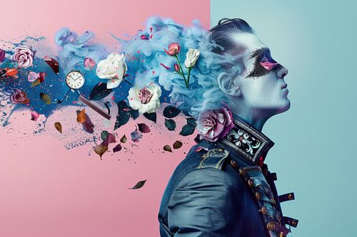 Portrait surréaliste d'un homme - Explosion de fumée, fleurs et clochettes