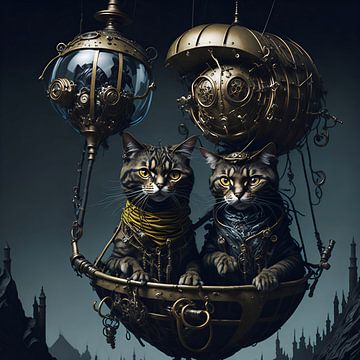 Twee steampunk katten in een heteluchtballon van Jan Bechtum