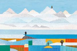 Abstract coastal landscape featuring mountains, houses and water by May