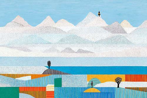 Paysage côtier abstrait avec des montagnes, des maisons et de l'eau