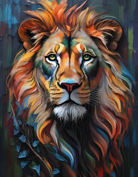 Leeuw in kleurrijk artwork met polygon structuur en gekleurde vlakken van John van den Heuvel