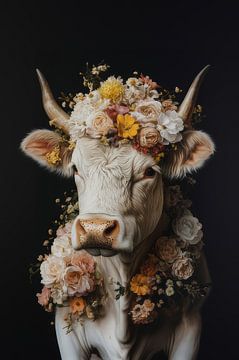 Blumenpracht und Gelassenheit - Kuh mit zartem Blumenkranz von Eva Lee