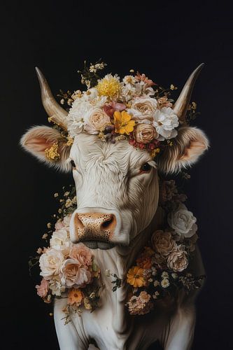 Floral Splendour and Serenity - Cow with Soft Flower Wreath