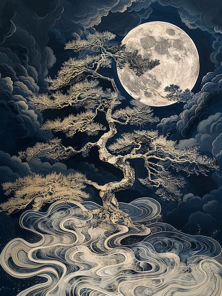 abstract tree and full moon by haroulita