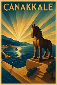 Çanakkale Art Deco Travel Poster - Trojanisches Pferd Wandkunst