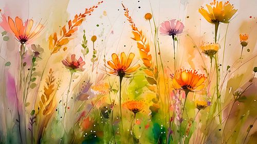 Sfeervol zomers schilderij van een oranje bloemenveld