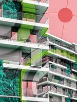 Geometrische Stadtlandschaft in Pink und Grün