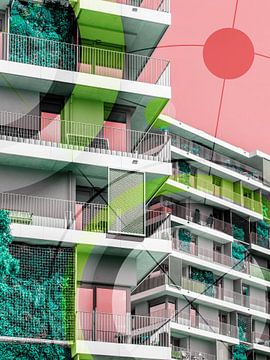 Geometrisch stadslandschap in roze en groen van Mixed media vector arts