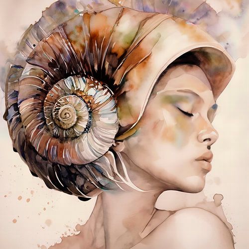 Aquarellbildnis einer Frau mit Muschel von Joyce de Jong