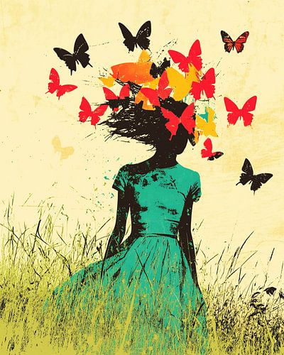 Fille en robe turquoise avec papillons de pensées