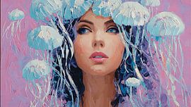 Glowing Jellyfish Surround Dreamlike Woman PortraitThis captivating surreal artwork features a woman enveloped by glowing jellyfish that float gently around her head, creating a mesmerizing halo of bioluminescent light. Blending elements of the ocean with human emotion, this piece evokes a sense of calm, mystery, and introspection. The soft pastel tones and textured painterly style enhance its dreamlike quality, making it a perfect statement wall art for modern, aesthetic, or surreal-inspired interiors. Ideal for collectors who appreciate symbolic, emotional, and visually striking art. by Aden Pink Studio
